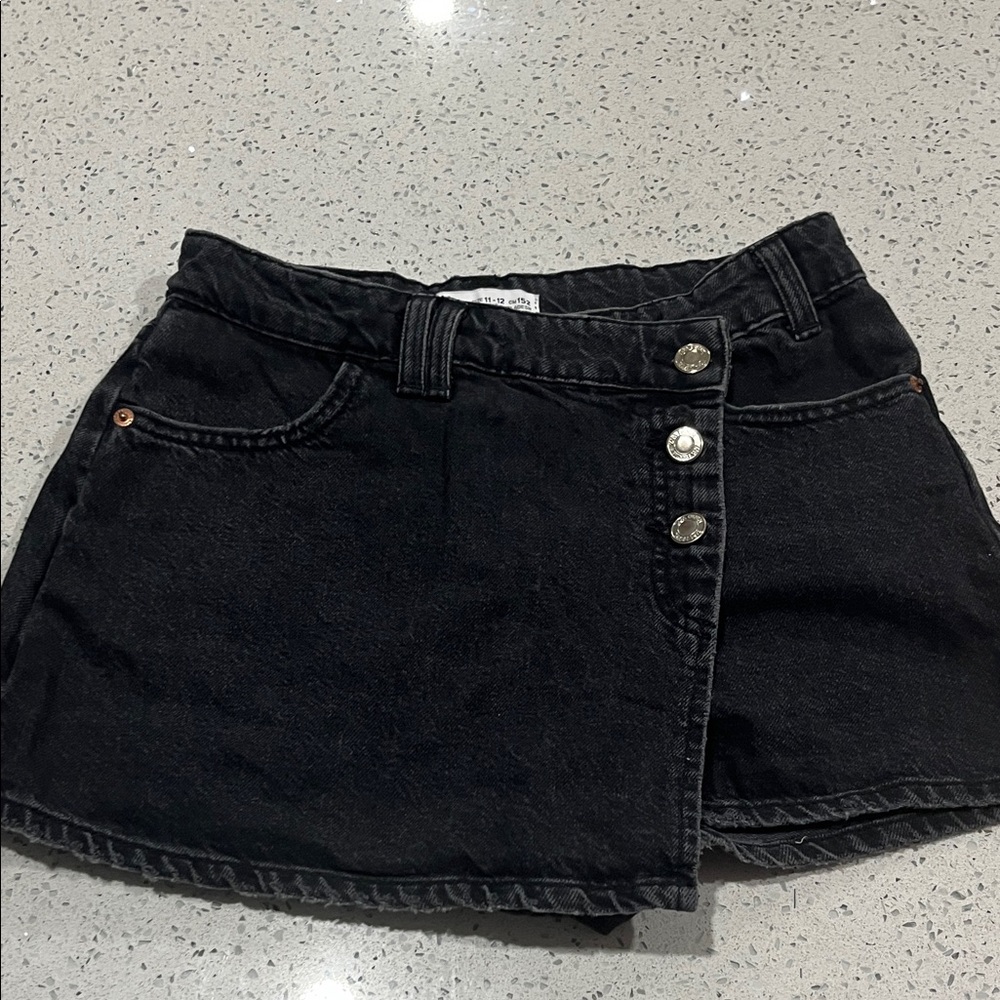 Black Denim Mini Skort with Button Detail